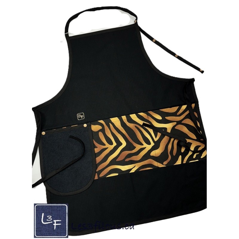 Léopard Tablier Adulte de Couleur Noir avec Essuie-mains Prêt à Broder TEM-411P