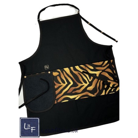 Léopard Tablier Adulte de Couleur Noir avec Essuie-mains Prêt à Broder TEM-411P