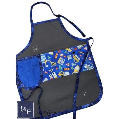 Camions Construction Tablier Enfant avec Essuie-Mains Couleur Gris Prêt à Broder TEN-367P