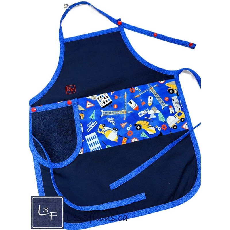 Camions Construction Tablier Enfant avec Essuie-Mains Couleur Bleu Prêt à Broder TEN-366P