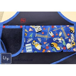 Camions Construction Tablier Enfant avec Essuie-Mains Couleur Bleu Prêt à Broder TEN-366P
