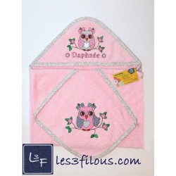 Hibou Coeur Serviette Capuchon Brodée et Personnalisée DOU-033