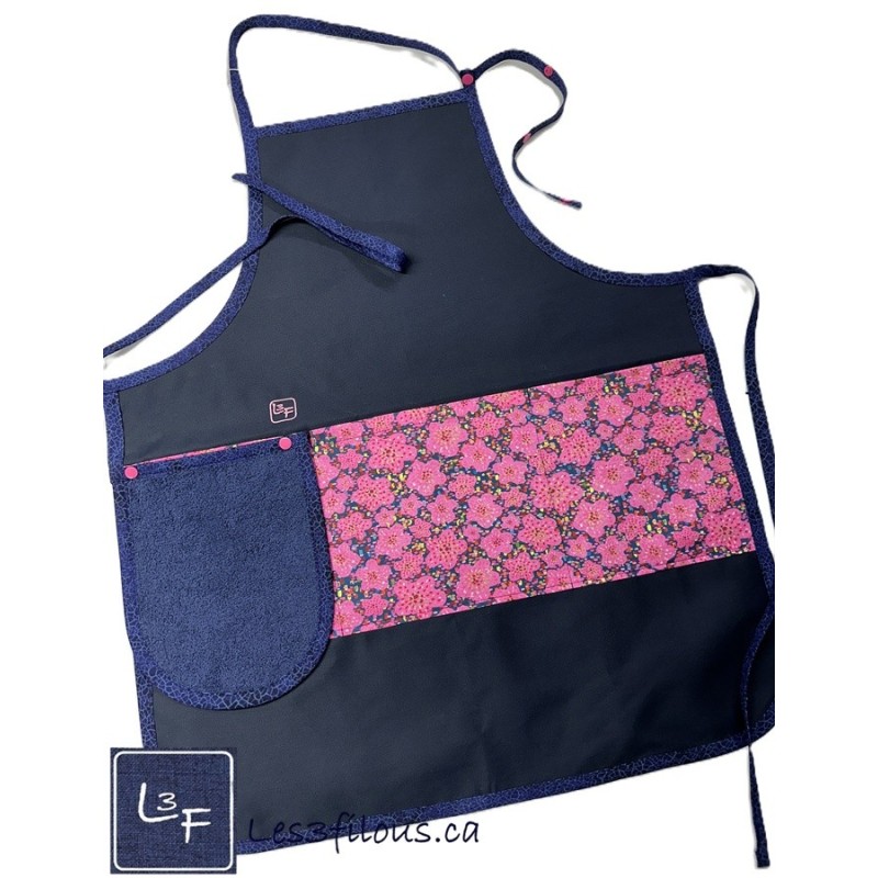 Fleurs Tablier Adulte de Couleur Bleu Nuit avec Essuie-mains Prêt à Broder TEM-412P