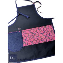 Fleurs Tablier Adulte de Couleur Bleu Nuit avec Essuie-mains Prêt à Broder TEM-412P