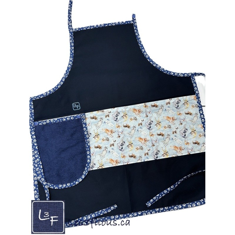 Petits Chiens Tablier avec Essuie-mains Adulte couleur Bleu Nuit Prêt à Broder TEM-421P