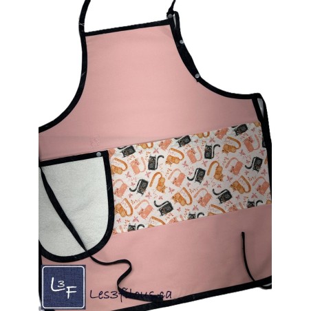 Chats Gris et Corail Tablier Rose Adulte avec Essuie-mains Prêt à Broder TEM-423P