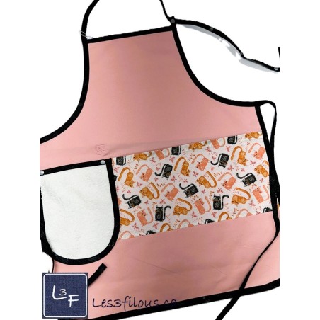 Chats Gris et Corail Tablier Rose Adulte avec Essuie-mains Prêt à Broder TEM-428P