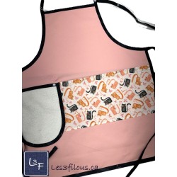 Chats Gris et Corail Tablier Rose Adulte avec Essuie-mains Prêt à Broder TEM-428P