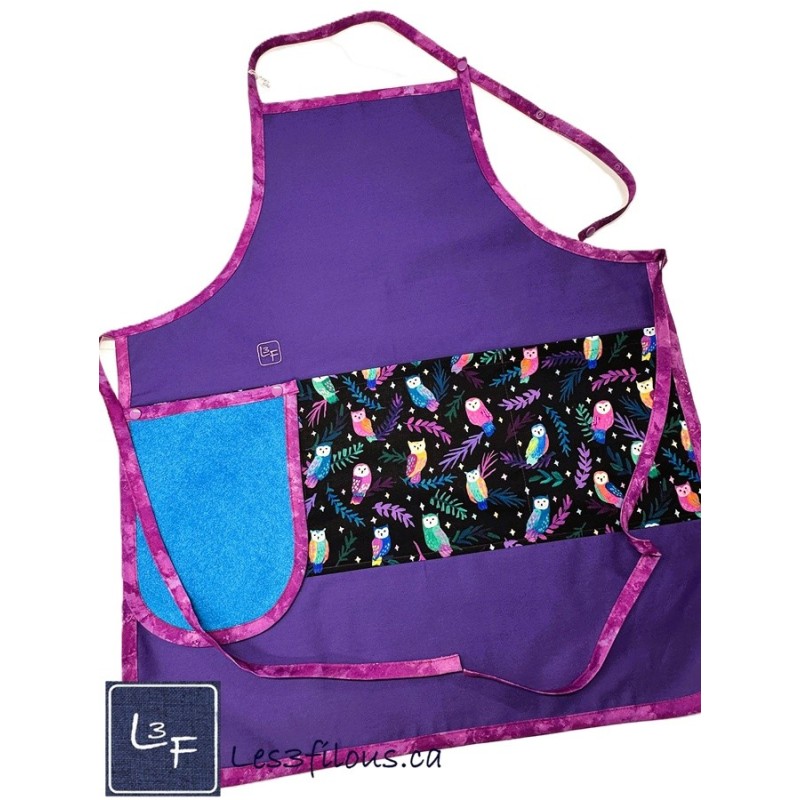 Chouette Hiboux Tablier Adulte Mauve avec Essuie-mains  Prêt à Broder TEM-436P