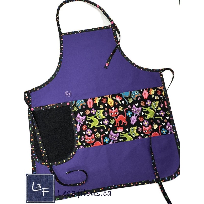 Chats Multicouleurs Tablier Adulte Couleur Mauve avec Essuie-mains Prêt à Broder TEM-434P