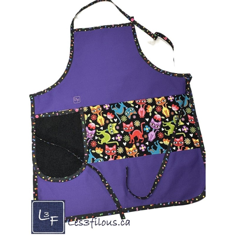 Chats Multicouleurs Tablier Adulte Couleur Mauve avec Essuie-mains Prêt à Broder TEM-448P