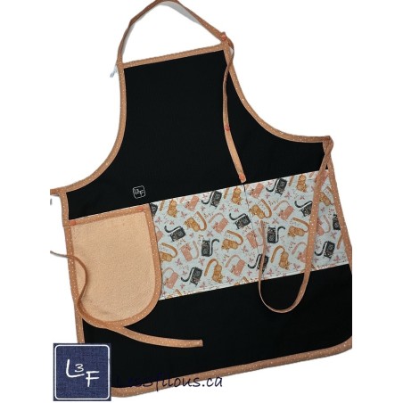 Chats Gris et Corail Tablier Noir Adulte avec Essuie-mains Prêt à Broder TEM-450P