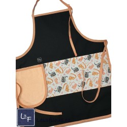 Chats Gris et Corail Tablier Noir Adulte avec Essuie-mains Prêt à Broder TEM-450P