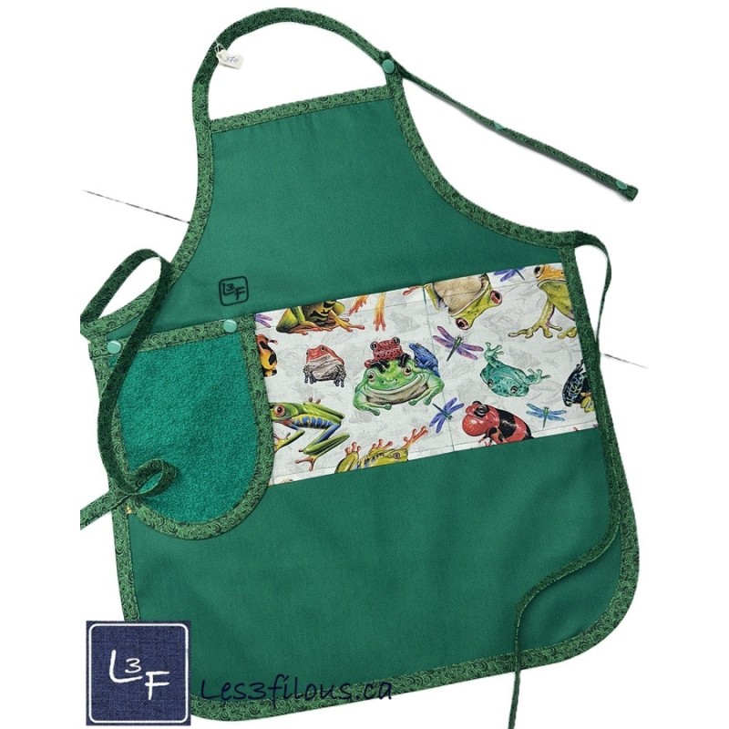 Grenouilles Tablier Enfant avec Essuie-Mains Couleur Vert Prêt à Broder TEN-370P