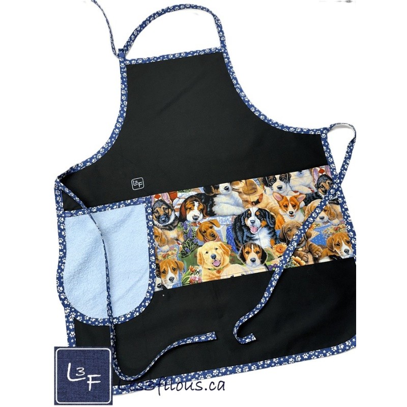 Puppy Bébés Chiens Tablier avec Essuie-mains Adulte couleur Noir Prêt à Broder TEM-463P