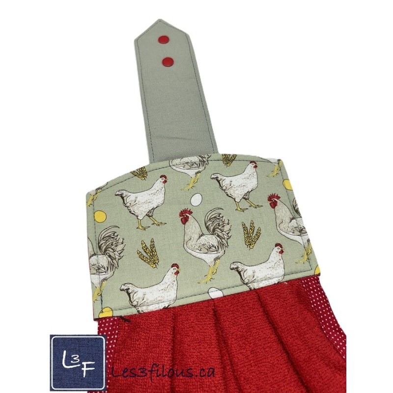 Serviette de cuisine à suspendre et attachable – Coqs Poules Rouge | les 3 Filous