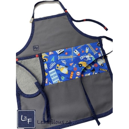 Tablier Enfant Camions Construction gris Brodé (3-8 ans) - Fait Main Québec