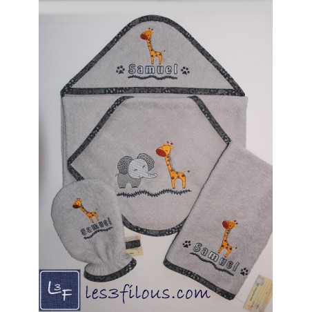 Zoo Girafe Elephant Serviette Capuchon Brodée et Personnalisée DOU-011