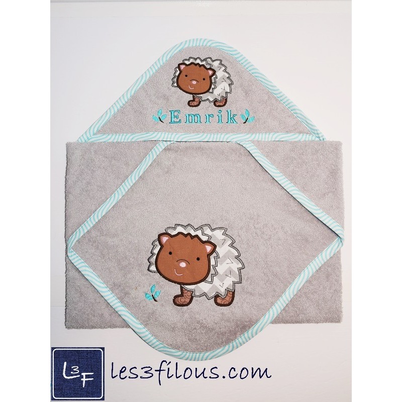 Hérisson Serviette Capuchon Brodée et Personnalisée DOU-012