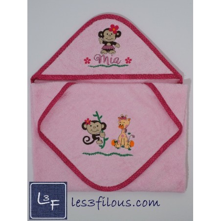 Singe Girafe Serviette Capuchon Brodée et Personnalisée DOU-044