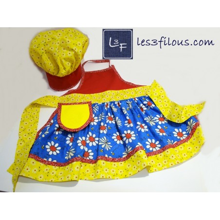 Tablier et toque de chef pour enfant Marguerites et Abeilles prêt à broder TCC-006