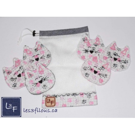 6 Tampons demaquillant au visage brodé en forme de chat et sac de lavage AAA-001